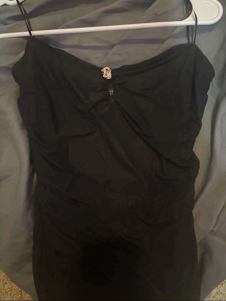 Black Spaghetti-Strap Evening Top With Decorative Gold Accent